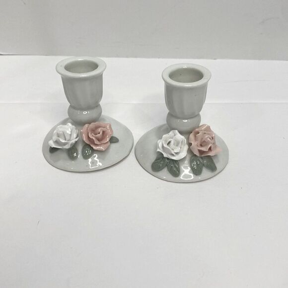 Vintage Porcelain Small Candle Stick Holders With Hand Painted Rose Design - Picture 12 of 12